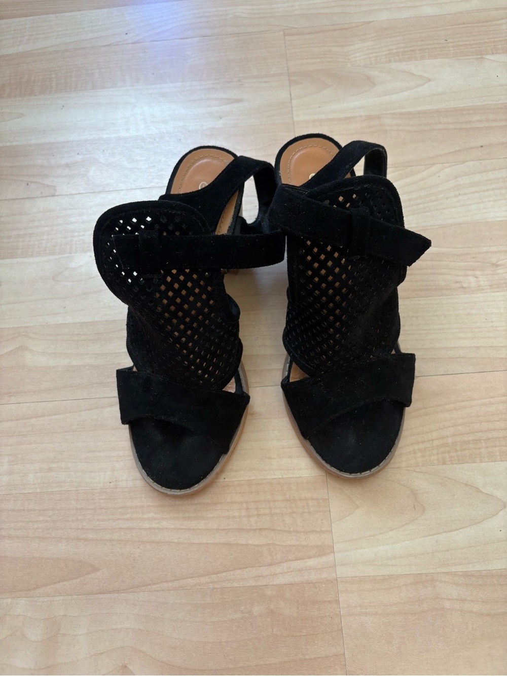 Women's Black Suede Perforated Open-Toe Heels